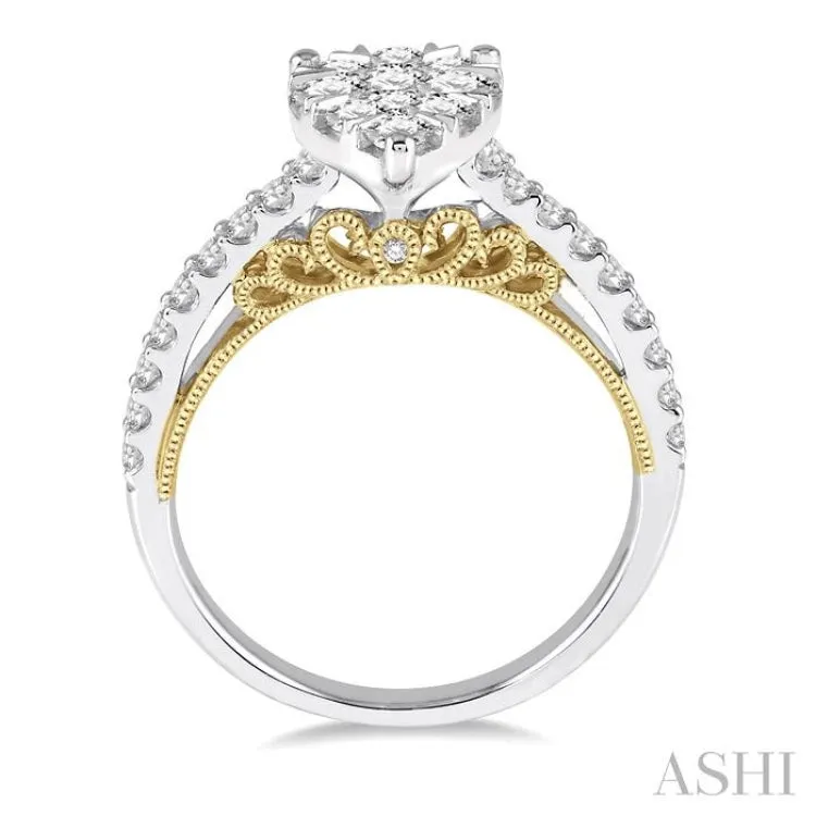 1 Ctw Round Diamond Lovebright Pear Shape Vintage-Inspired Engagement Ring in 14K White and Yellow Gold