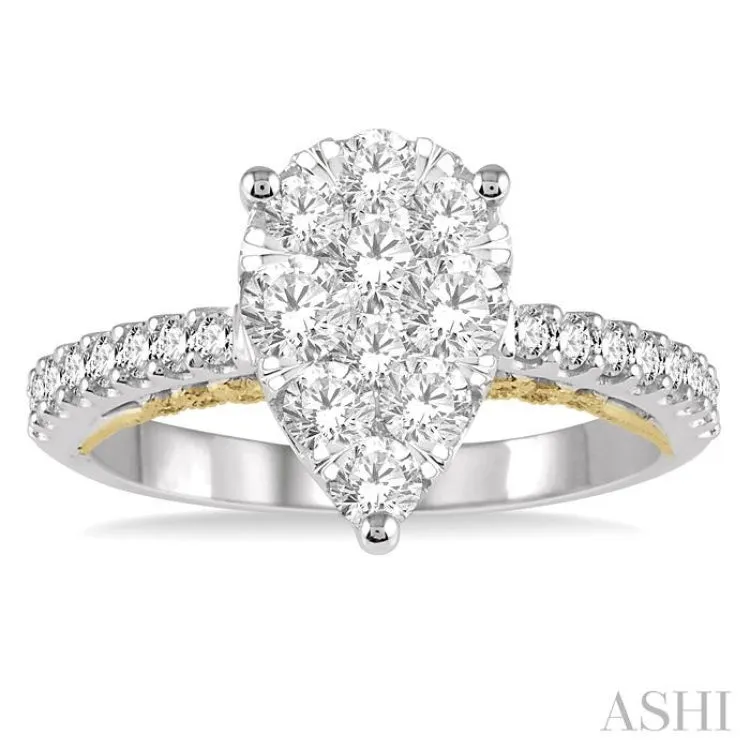 1 Ctw Round Diamond Lovebright Pear Shape Vintage-Inspired Engagement Ring in 14K White and Yellow Gold