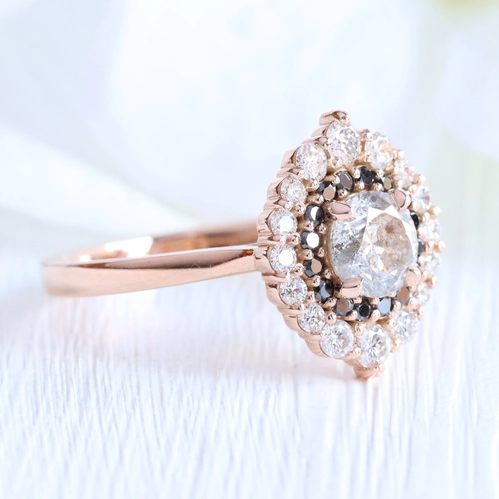 1.31 Ct Salt and Pepper Diamond Ring in 14k Rose Gold Tiara Double Halo Ring, Size 6.5