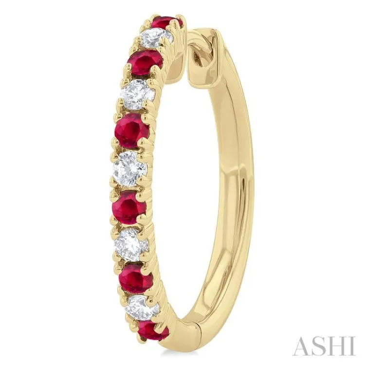 1/4 ctw Petite 1.80MM Ruby and Round Cut Diamond Precious Fashion Huggies in 10K Yellow Gold