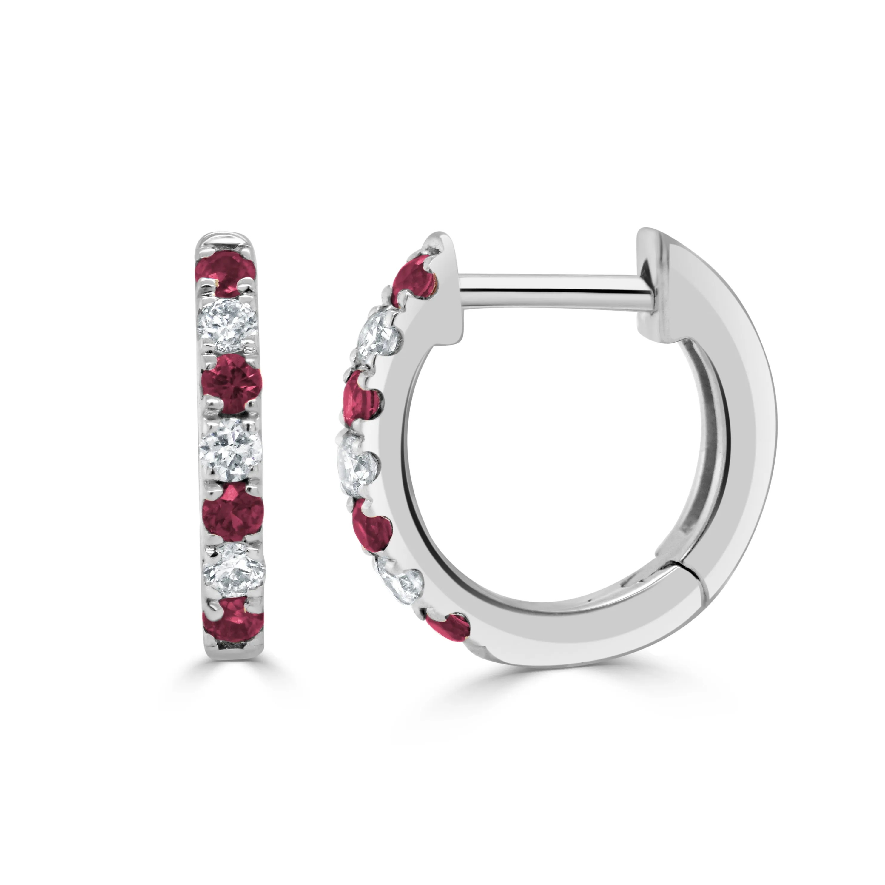 14K Gold Ruby & Diamond Alternating Huggie Earrings