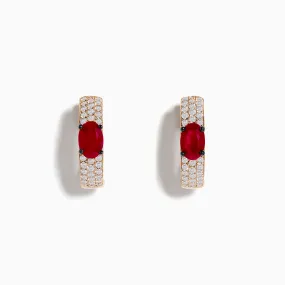 14K Rose Gold Ruby and Diamond Huggie Hoop Earrings