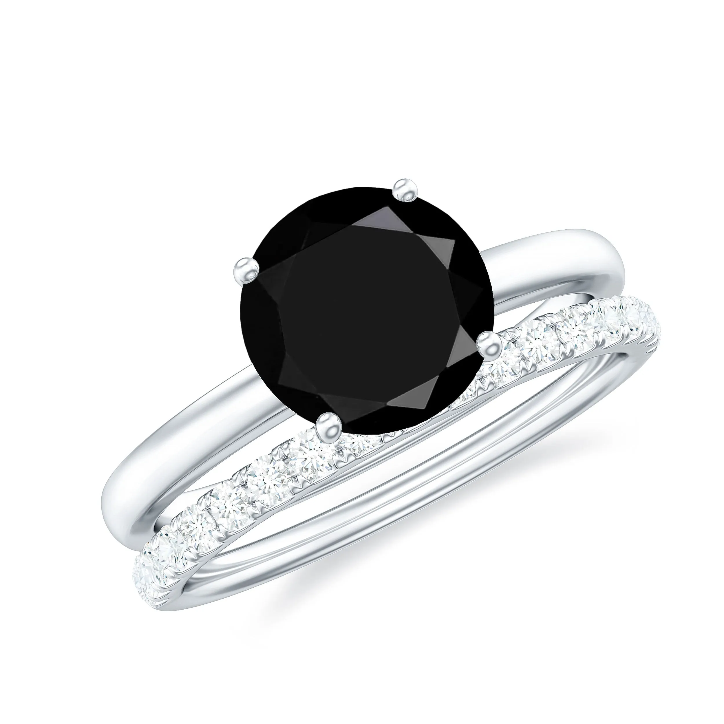 2 CT Solitaire Black Spinel Wedding Band Ring Set with Diamond
