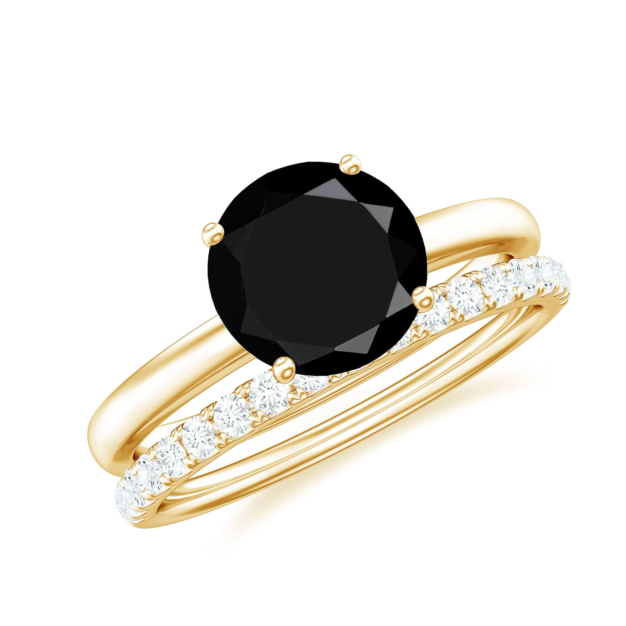 2 CT Solitaire Black Spinel Wedding Band Ring Set with Diamond