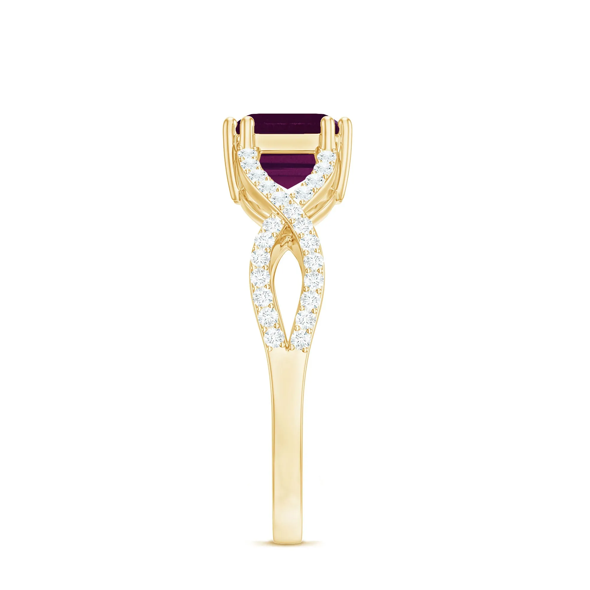 2.25 CT Emerald Cut Rhodolite East West Engagement Ring with Crossover Diamond