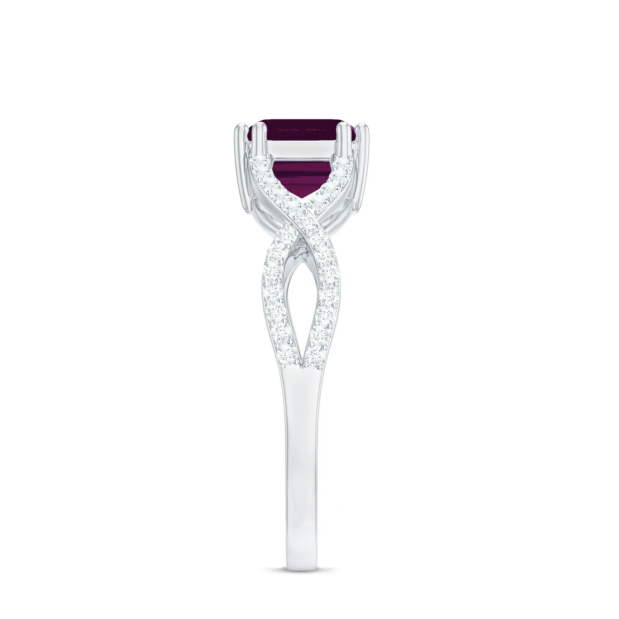 2.25 CT Emerald Cut Rhodolite East West Engagement Ring with Crossover Diamond