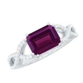 2.25 CT Emerald Cut Rhodolite East West Engagement Ring with Crossover Diamond