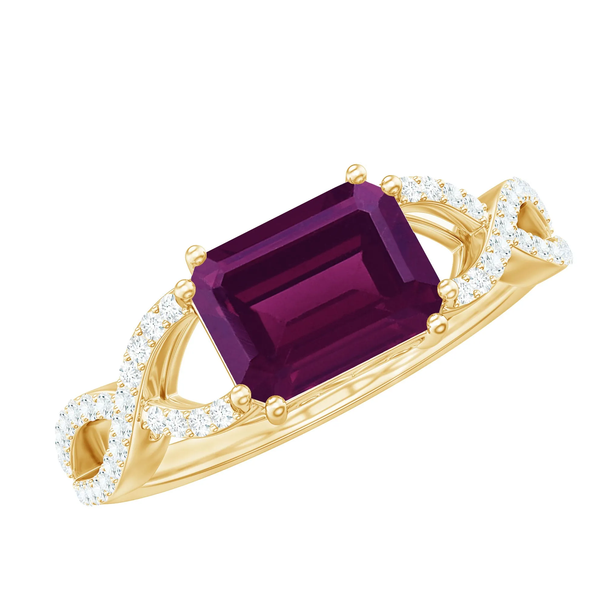 2.25 CT Emerald Cut Rhodolite East West Engagement Ring with Crossover Diamond