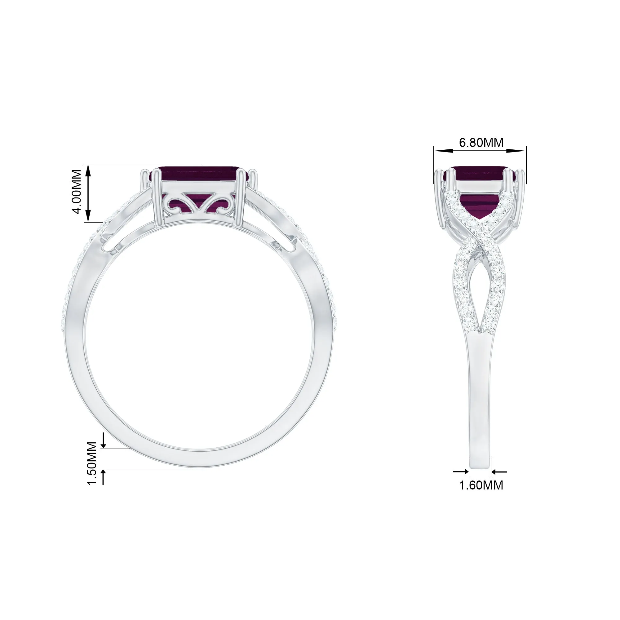 2.25 CT Emerald Cut Rhodolite East West Engagement Ring with Crossover Diamond