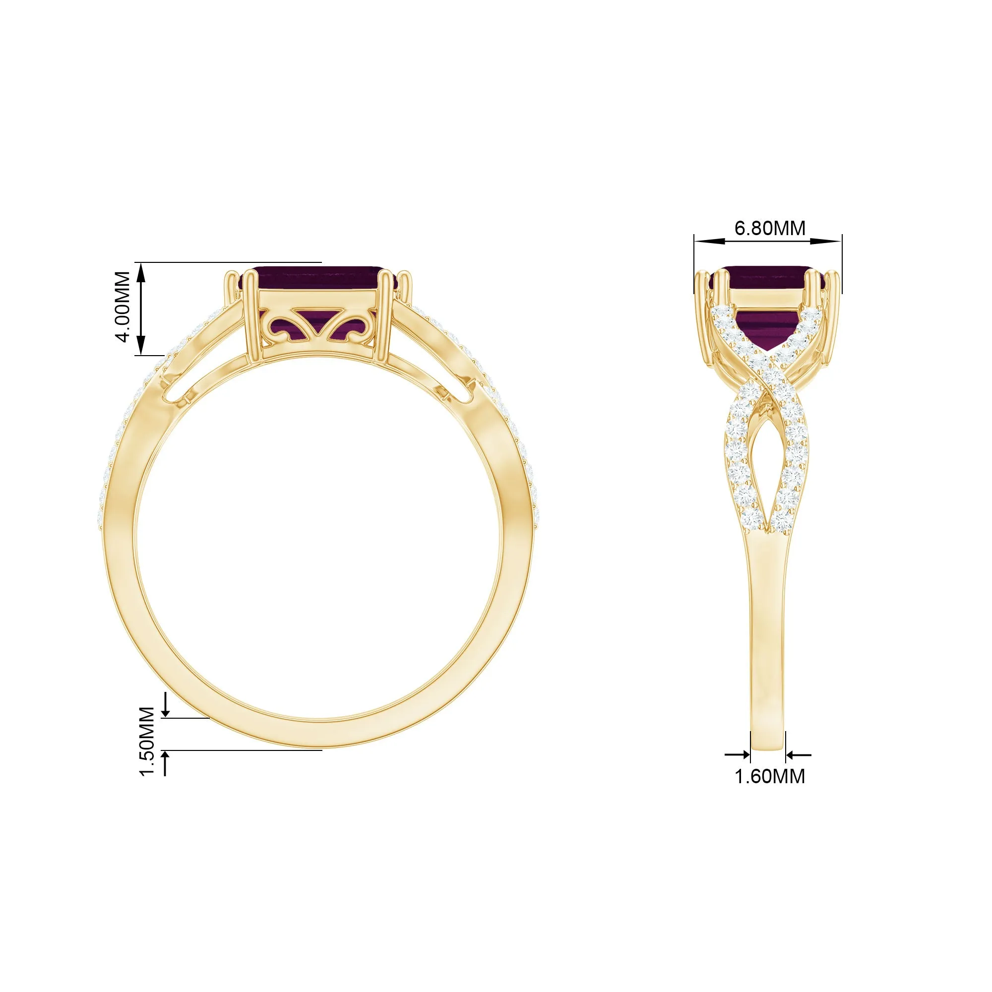 2.25 CT Emerald Cut Rhodolite East West Engagement Ring with Crossover Diamond