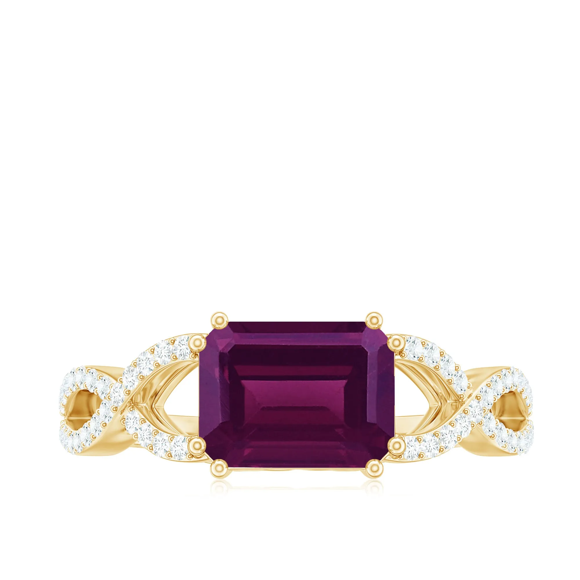 2.25 CT Emerald Cut Rhodolite East West Engagement Ring with Crossover Diamond