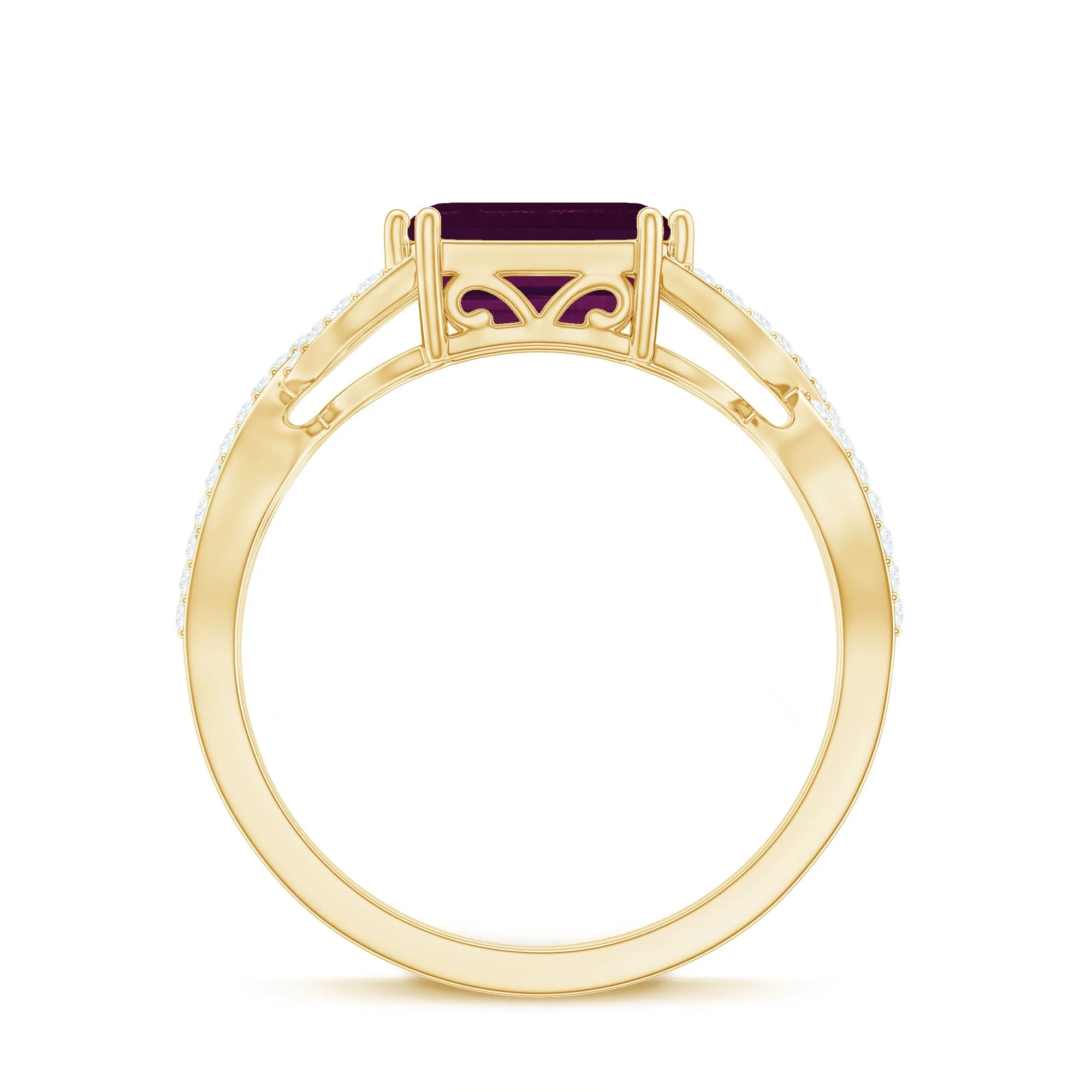 2.25 CT Emerald Cut Rhodolite East West Engagement Ring with Crossover Diamond