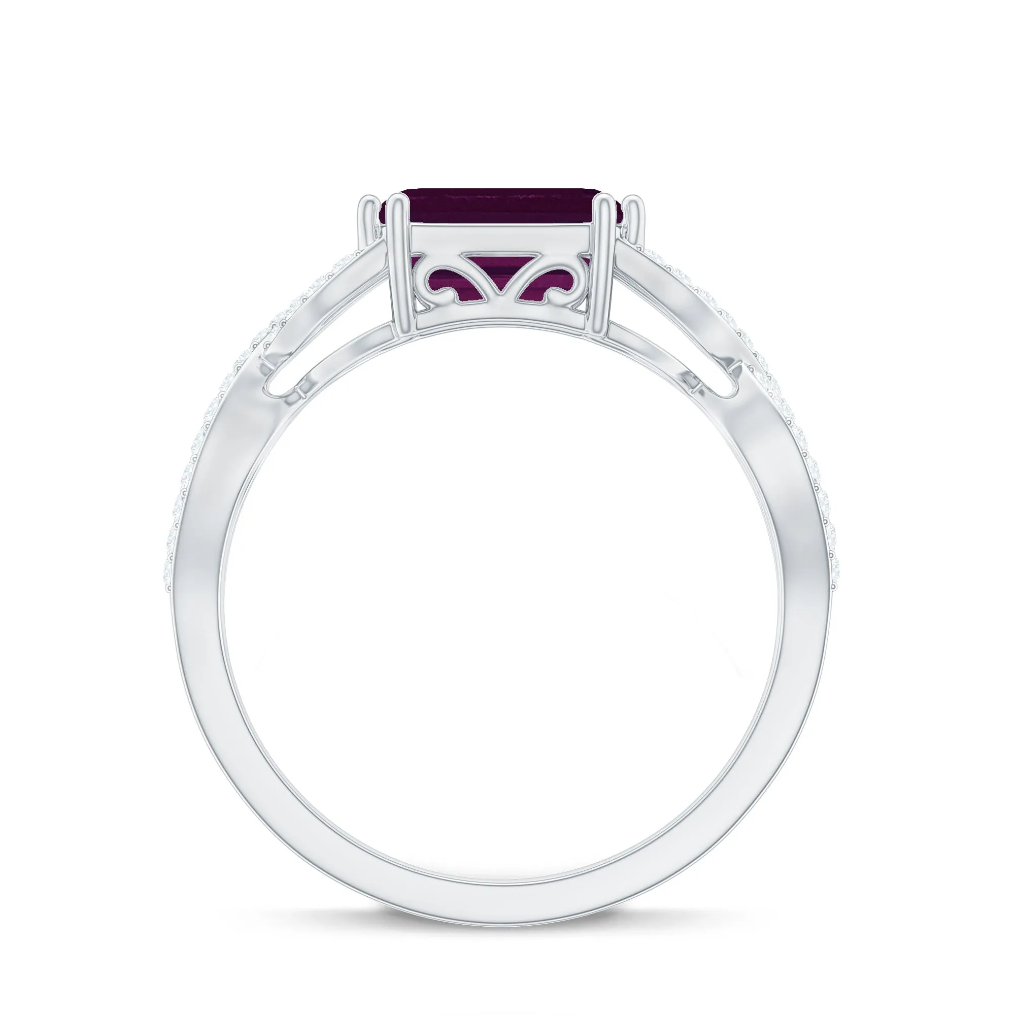 2.25 CT Emerald Cut Rhodolite East West Engagement Ring with Crossover Diamond