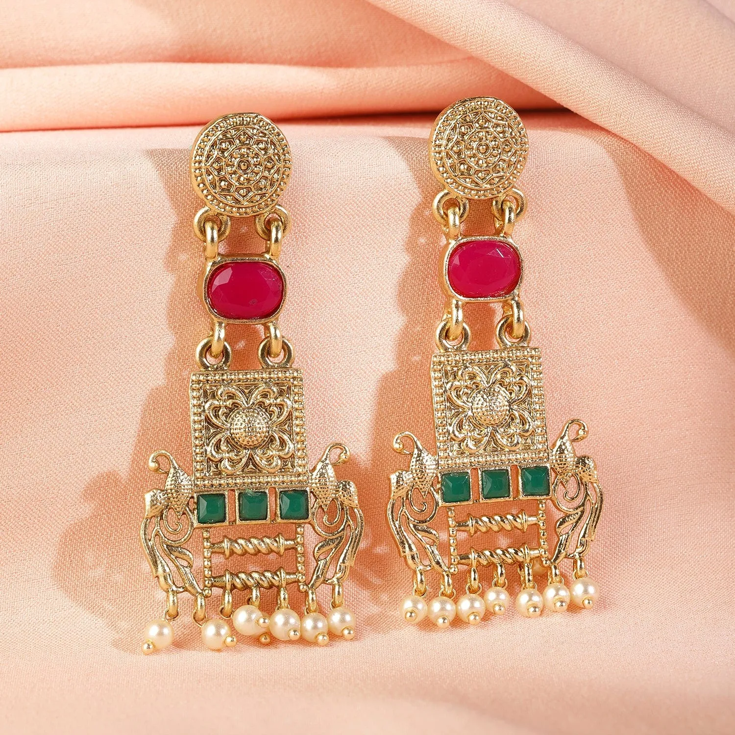 22K Gold Plated Ruby & Emerald Studded & Pearl  Beads Peacock Motif Dangle Earrings