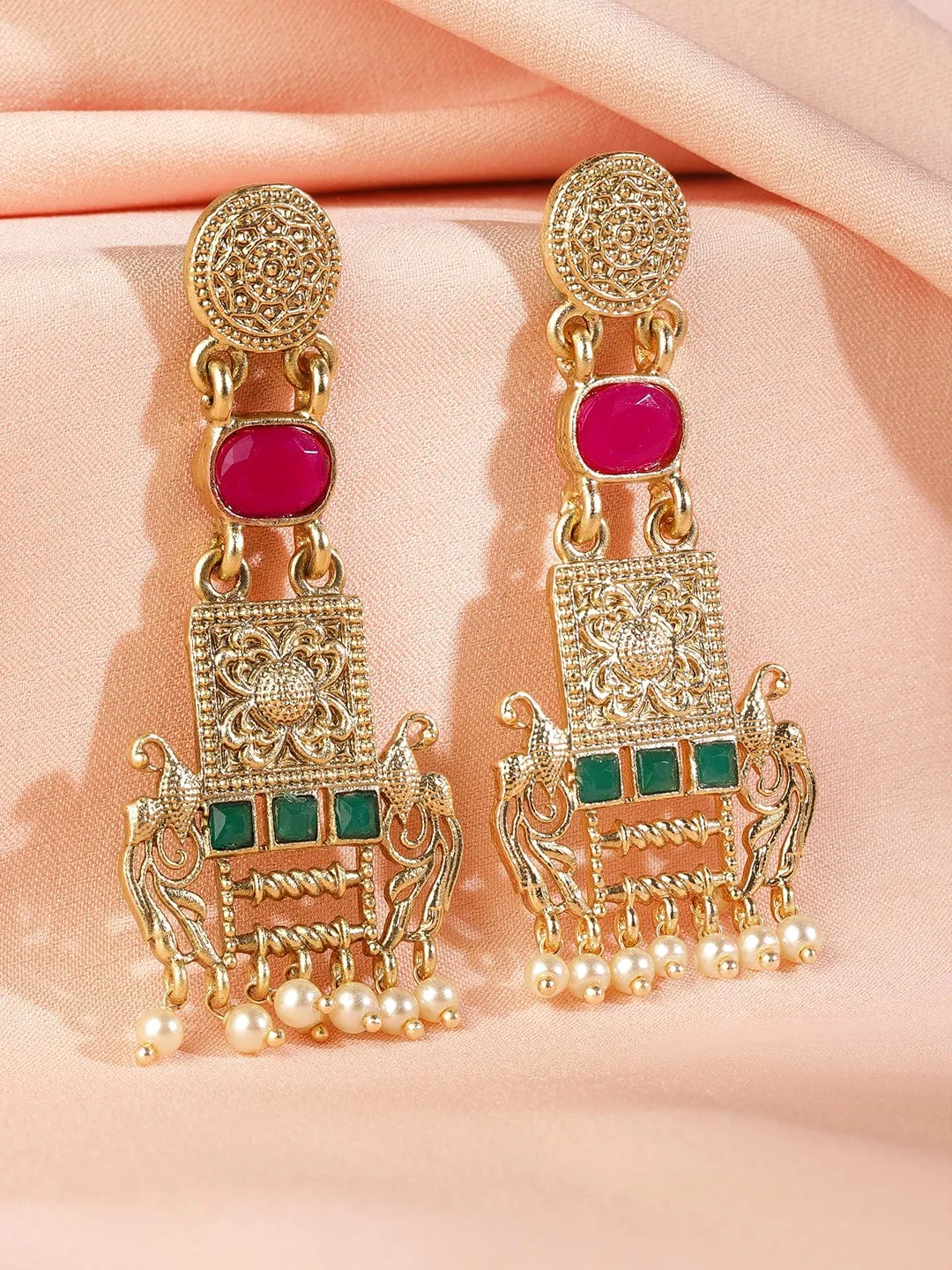 22K Gold Plated Ruby & Emerald Studded & Pearl  Beads Peacock Motif Dangle Earrings