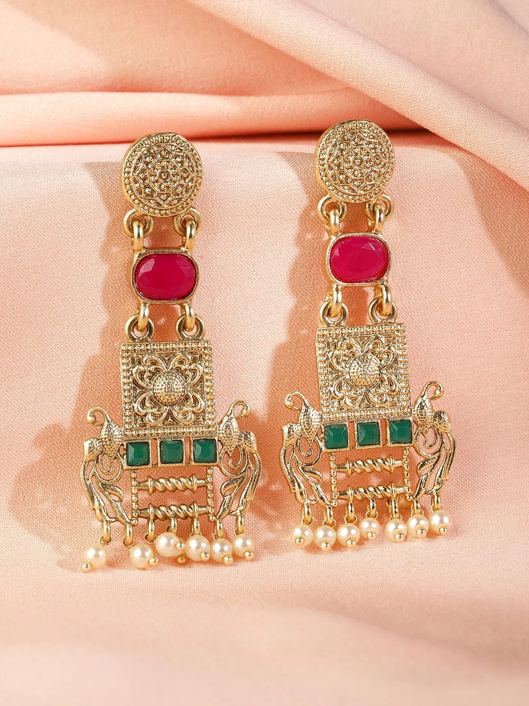 22K Gold Plated Ruby & Emerald Studded & Pearl  Beads Peacock Motif Dangle Earrings