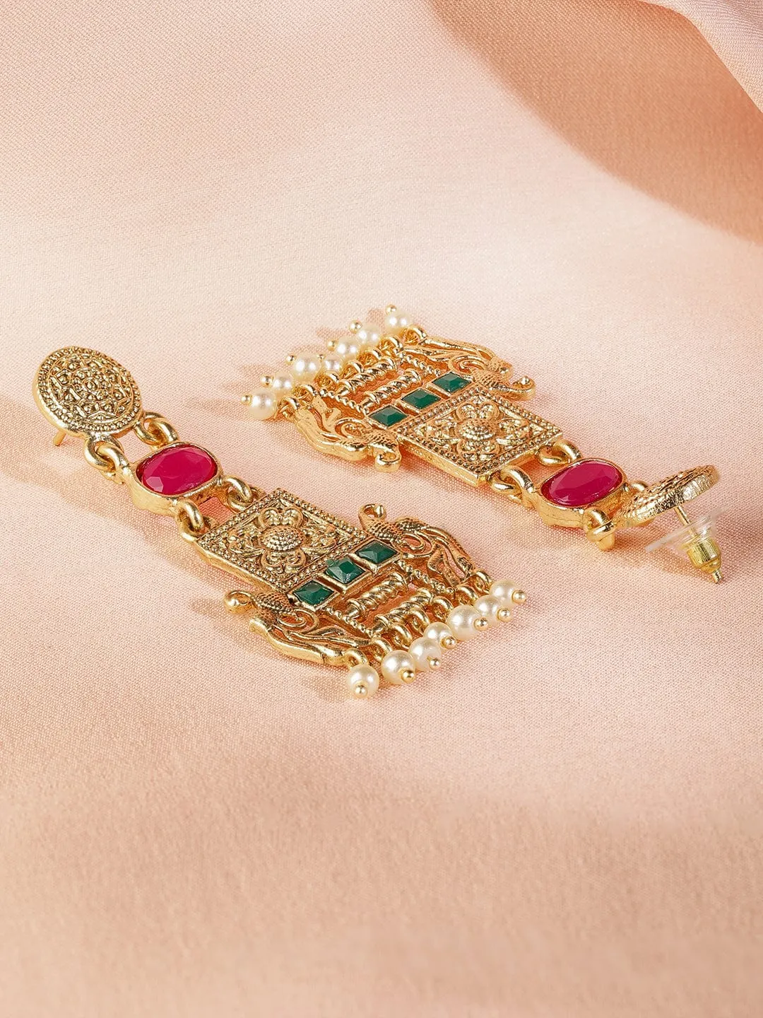 22K Gold Plated Ruby & Emerald Studded & Pearl  Beads Peacock Motif Dangle Earrings