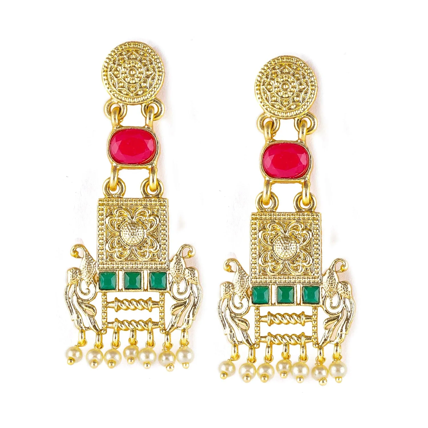 22K Gold Plated Ruby & Emerald Studded & Pearl  Beads Peacock Motif Dangle Earrings