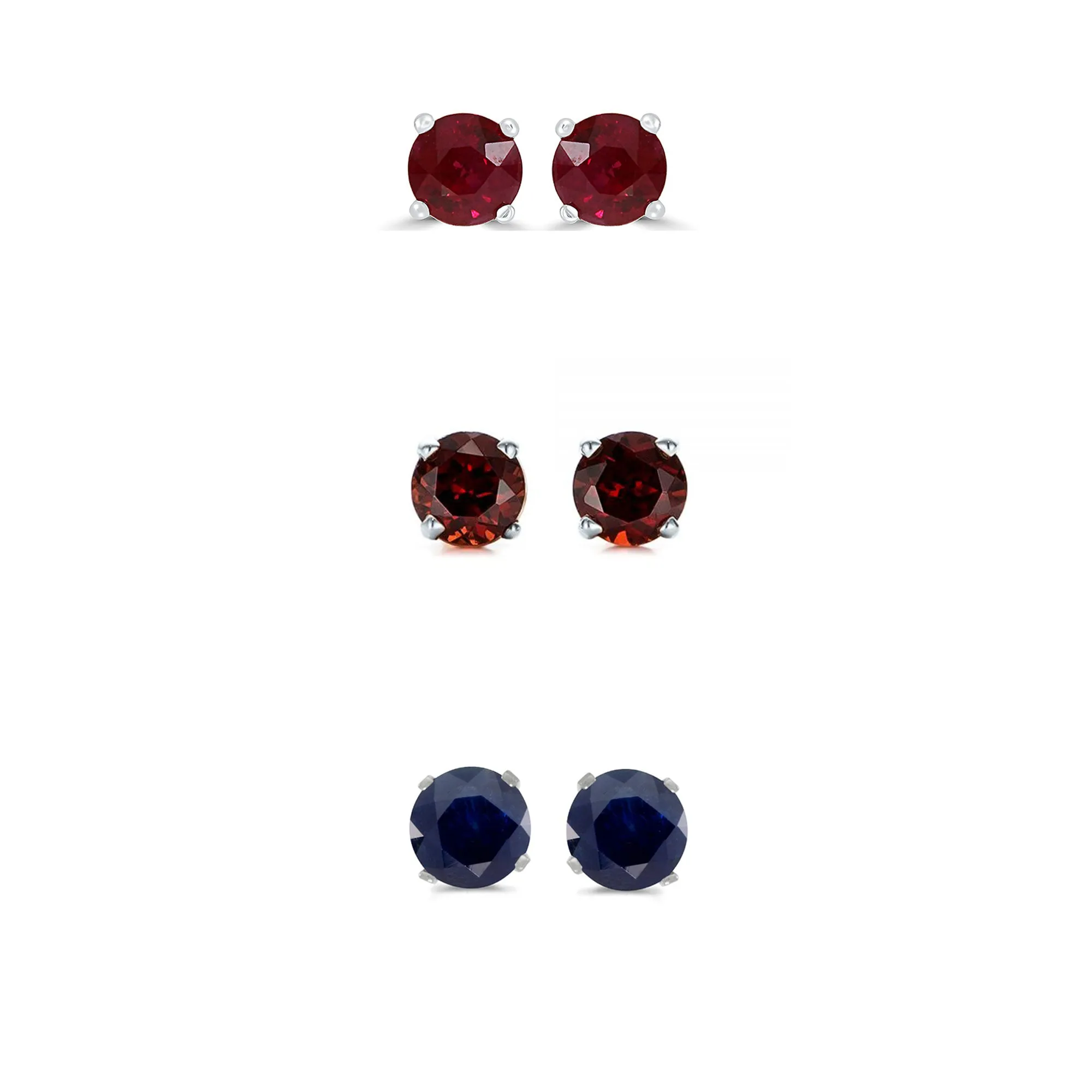 24k White Gold Plated 4Ct Created Ruby, Garnet and Black Sapphire 3 Pair Round Stud Earrings