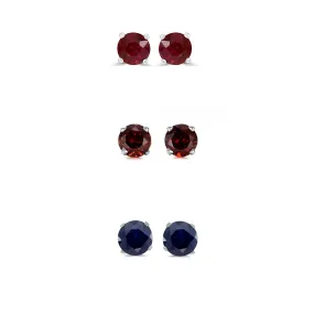 24k White Gold Plated 4Ct Created Ruby, Garnet and Black Sapphire 3 Pair Round Stud Earrings