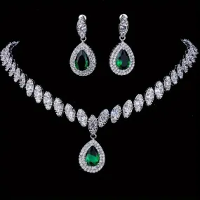 3pcs SILVER Emerald Green Jewelry Set l Rhinestone Earrings l Necklace l Bracelet l Prom l Wedding JS-934