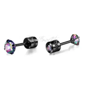 4mm Black Double Ended Rainbow CZ Earrings