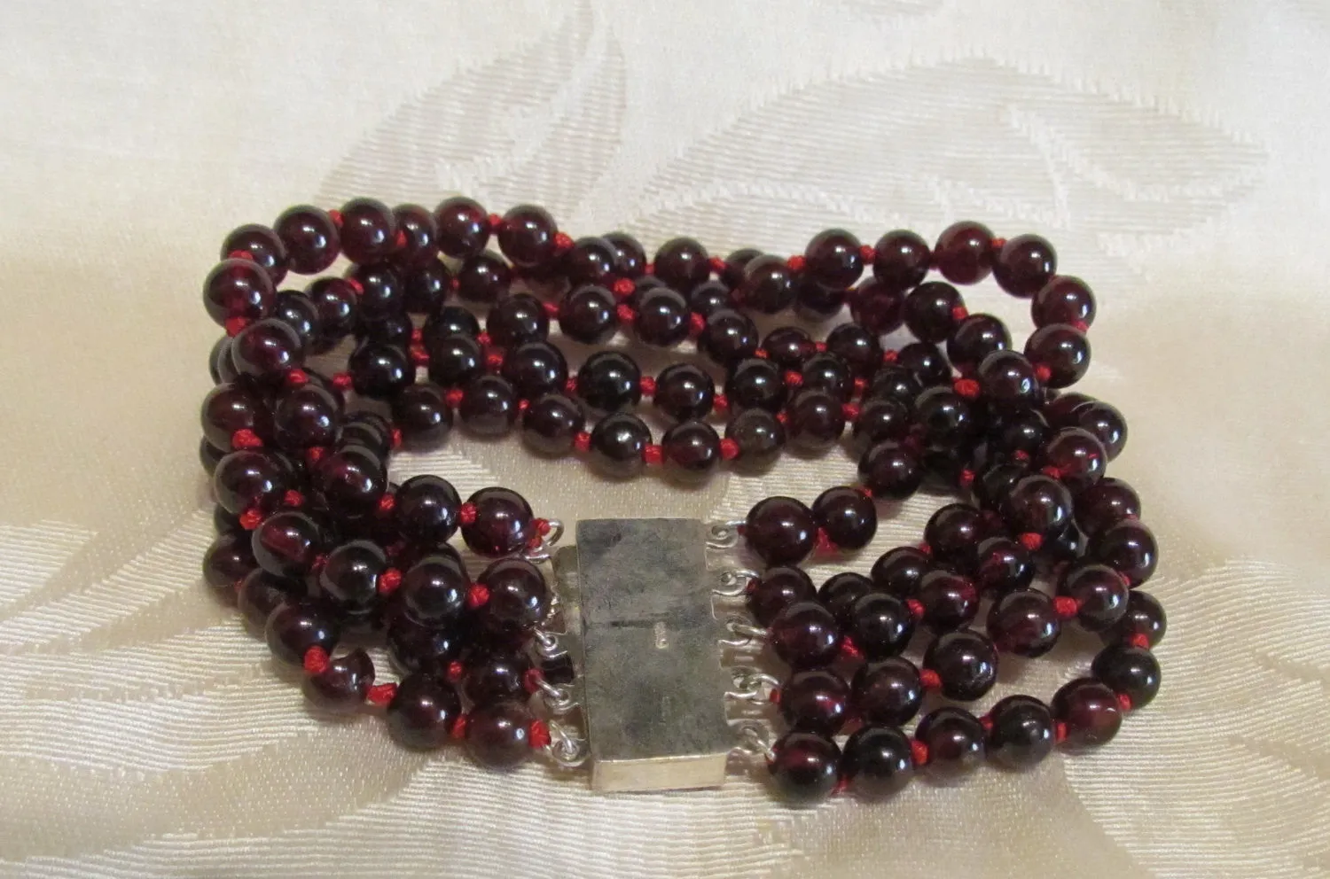 5 Strand Garnet Sterling Silver Bracelet 925 Silver Floral Clasp OOAK Handmade