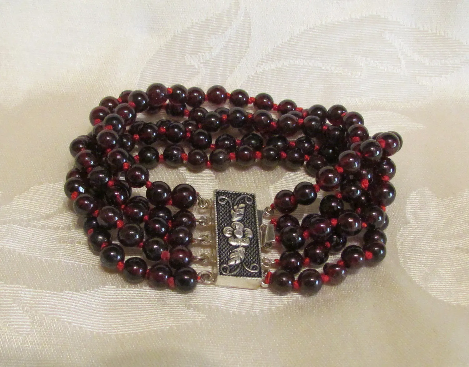 5 Strand Garnet Sterling Silver Bracelet 925 Silver Floral Clasp OOAK Handmade