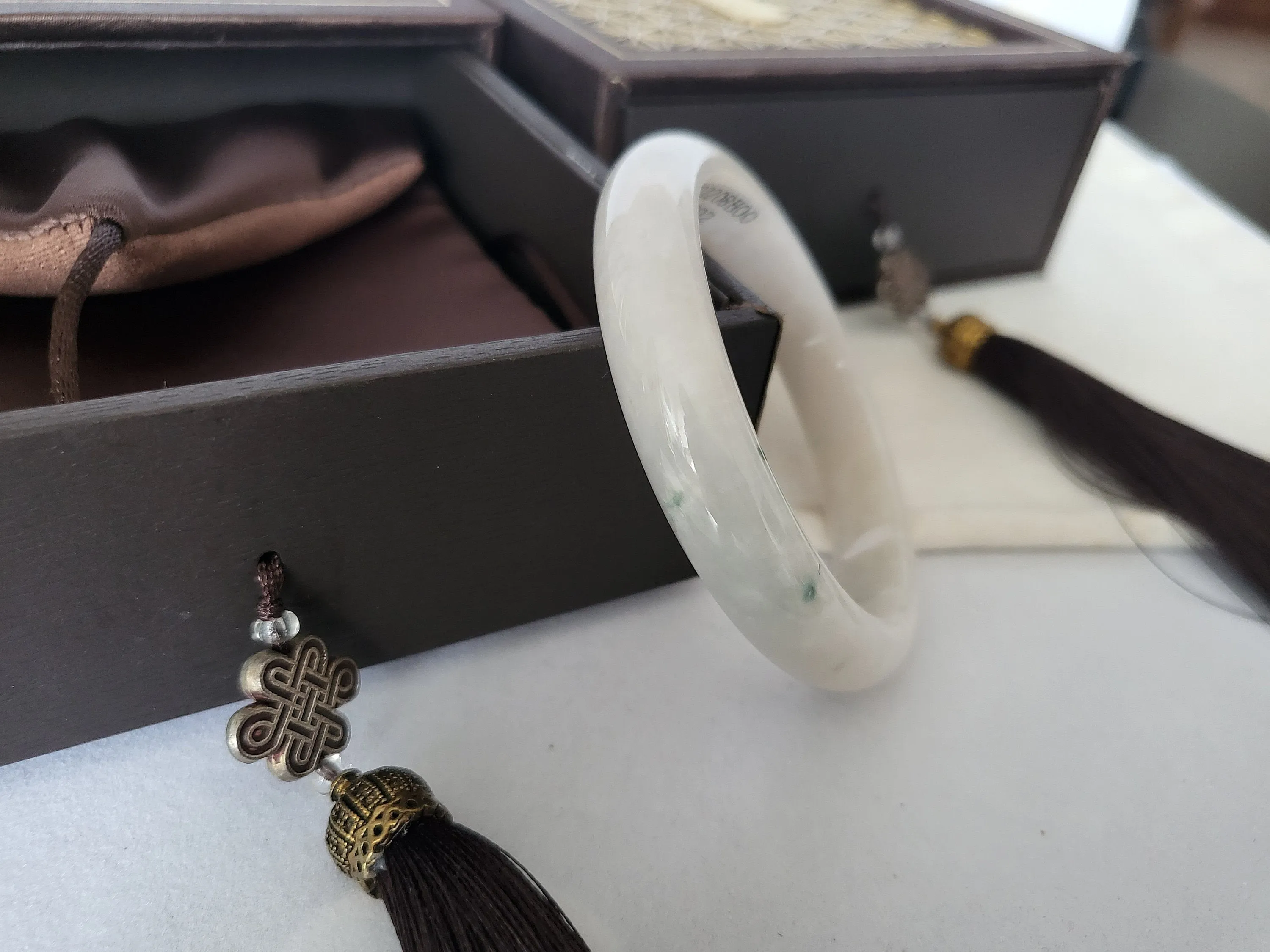 52.4mm Jadeite Grade A Bangle Natural Burma Jade White Flower Green [PINE WINTERLAND COLLECTION]
