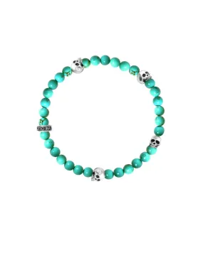 6mm Turquoise Bead Bracelet W/ 4 Skulls