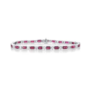 8.50 Cttw Emerald Cut Ruby and 0.95 Cttw Diamond Bezel-Set 14K White Gold Bracelet
