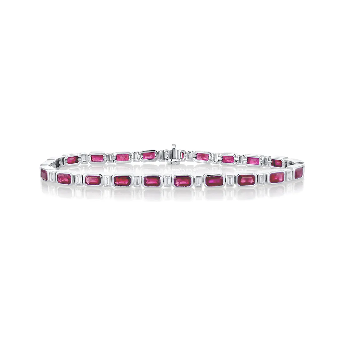8.50 Cttw Emerald Cut Ruby and 0.95 Cttw Diamond Bezel-Set 14K White Gold Bracelet