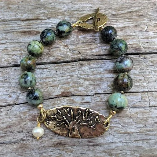 African Turquoise & Pearl Tree of Live Forest Green Bracelet