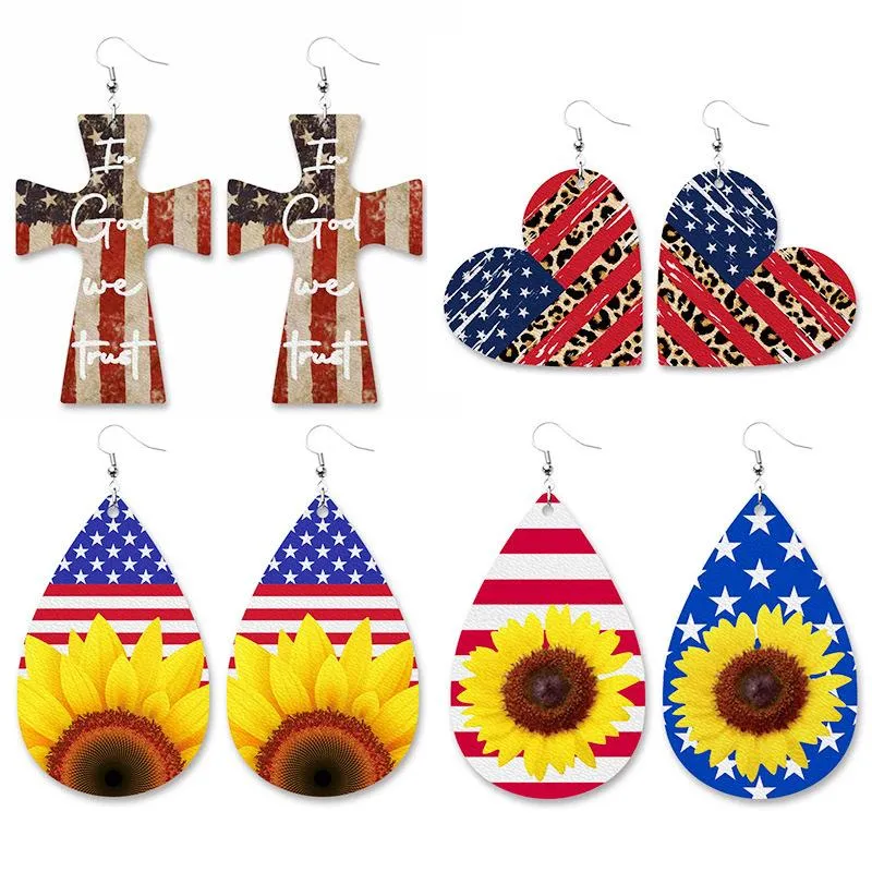 American Independence Day PU Leather Cross Love Sunflower Earrings