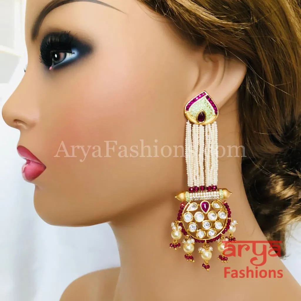 Anaira Ruby Mint Green Meenakari Kundan Jhumka with Pearl drops and multiple fine strands of Pearls