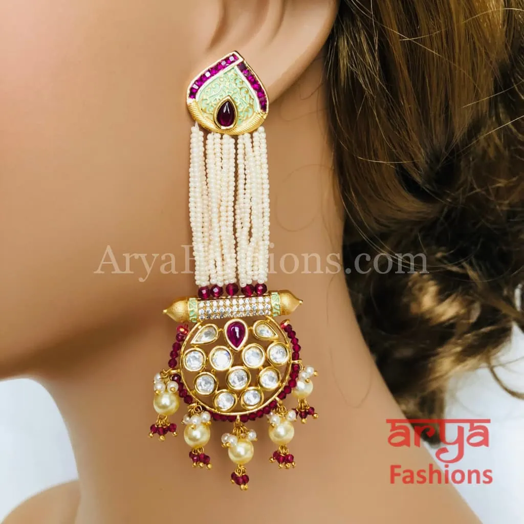 Anaira Ruby Mint Green Meenakari Kundan Jhumka with Pearl drops and multiple fine strands of Pearls