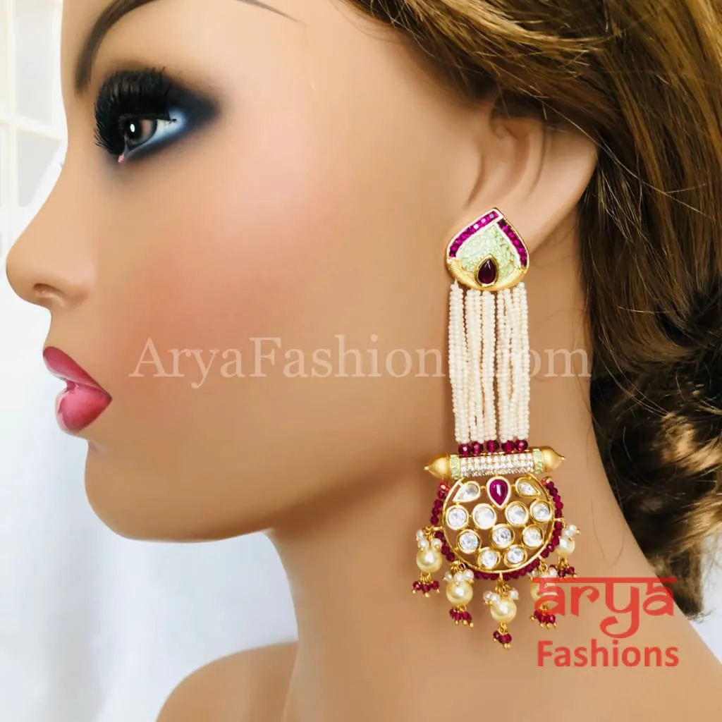 Anaira Ruby Mint Green Meenakari Kundan Jhumka with Pearl drops and multiple fine strands of Pearls