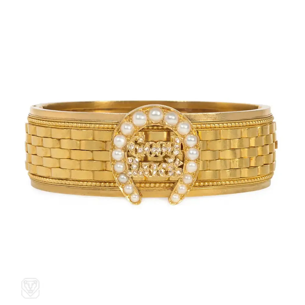 Antique gold and diamond "Good Luck" bracelet with pearl horseshoe