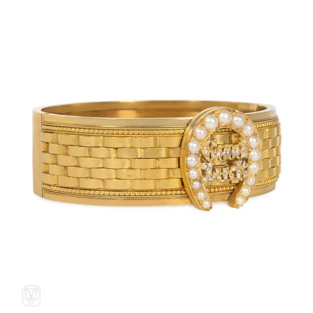 Antique gold and diamond "Good Luck" bracelet with pearl horseshoe