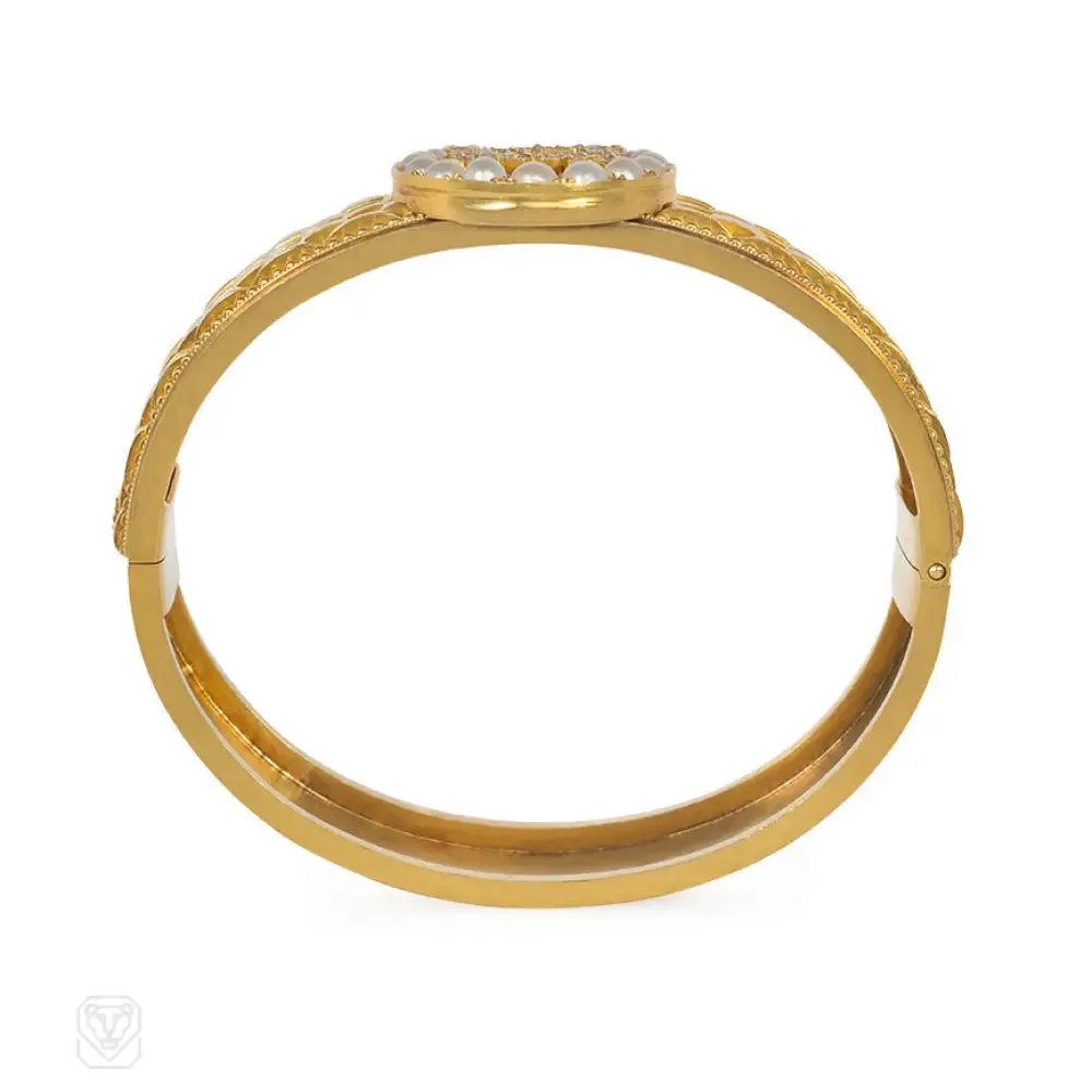 Antique gold and diamond "Good Luck" bracelet with pearl horseshoe