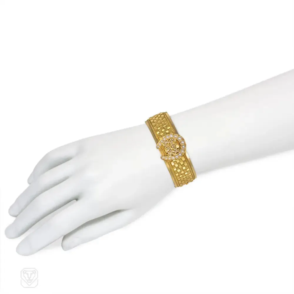 Antique gold and diamond "Good Luck" bracelet with pearl horseshoe