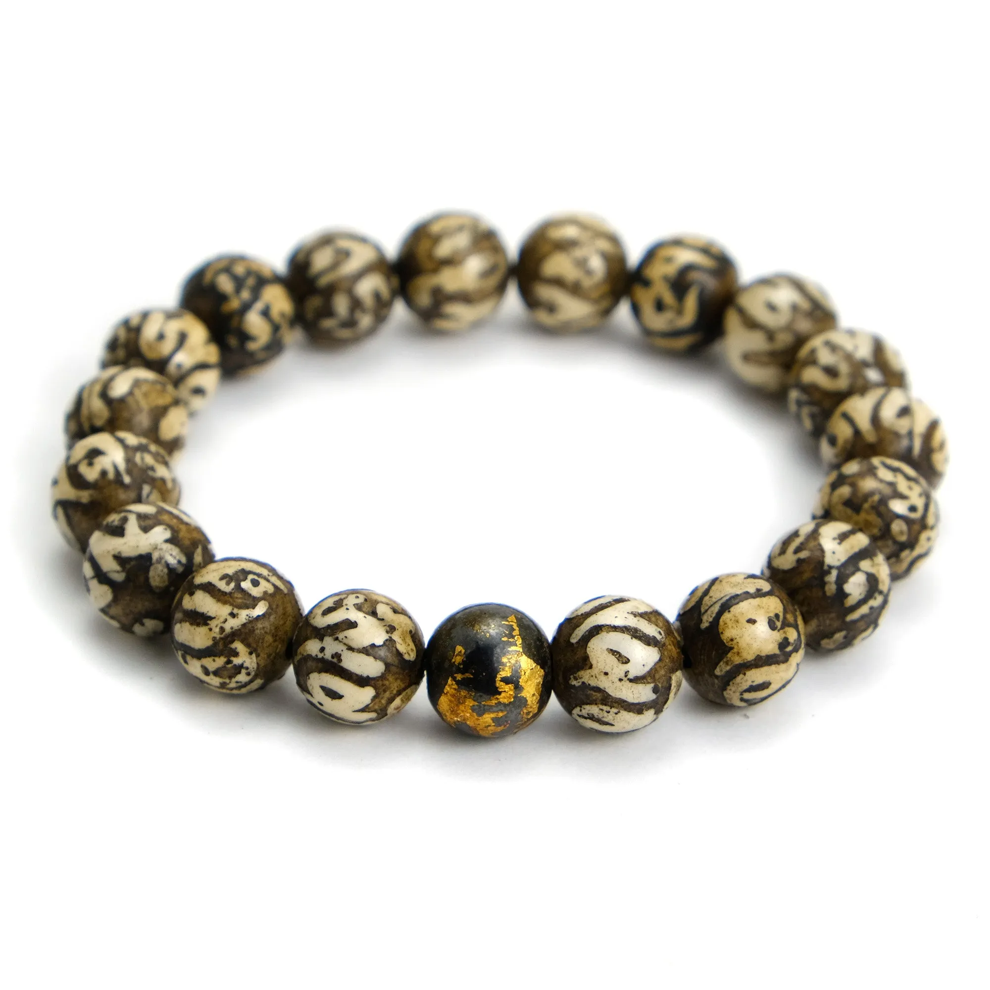 Arca Shell with Etched Om Mani Padme Om Mantra 10mm Rounds Stretch Bracelet