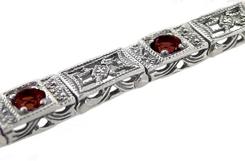 Art Deco Filigree Straightline Almandine Garnet Bracelet in Sterling Silver