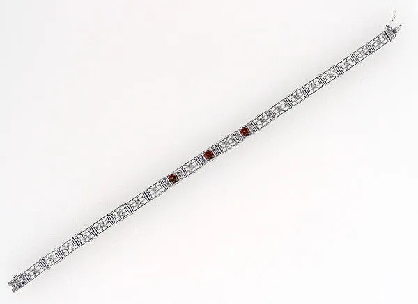 Art Deco Filigree Straightline Almandine Garnet Bracelet in Sterling Silver