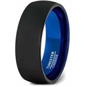 Black & Blue Brushed Center Domed Tungsten Carbide Ring For Him -6mm & 8mm
