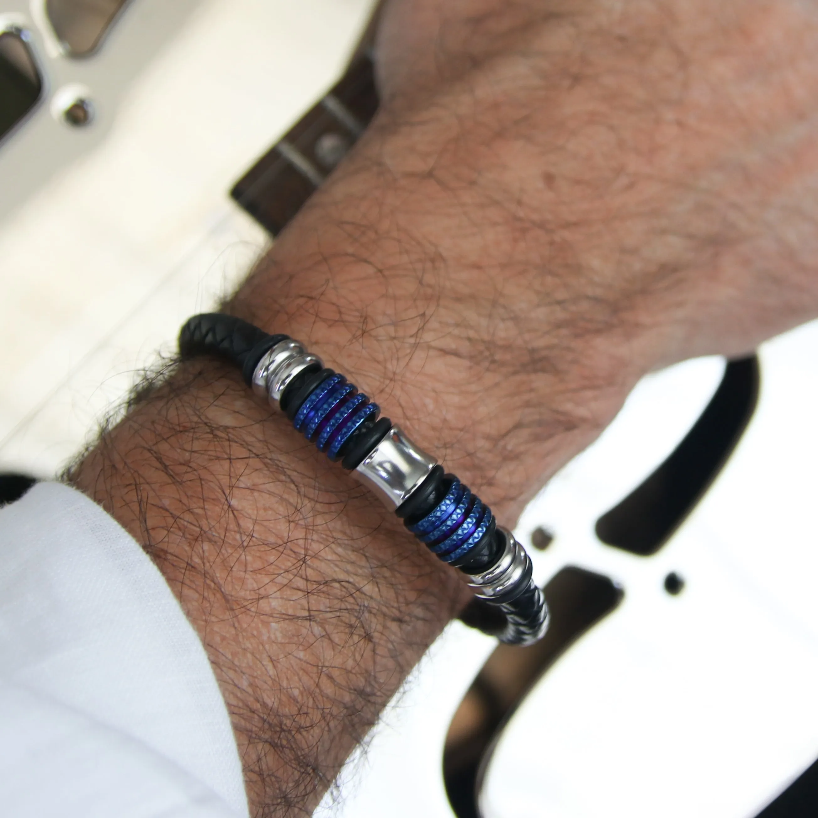 Black Leather and Blue-Accented Stainless steel Clasp Bracelet
