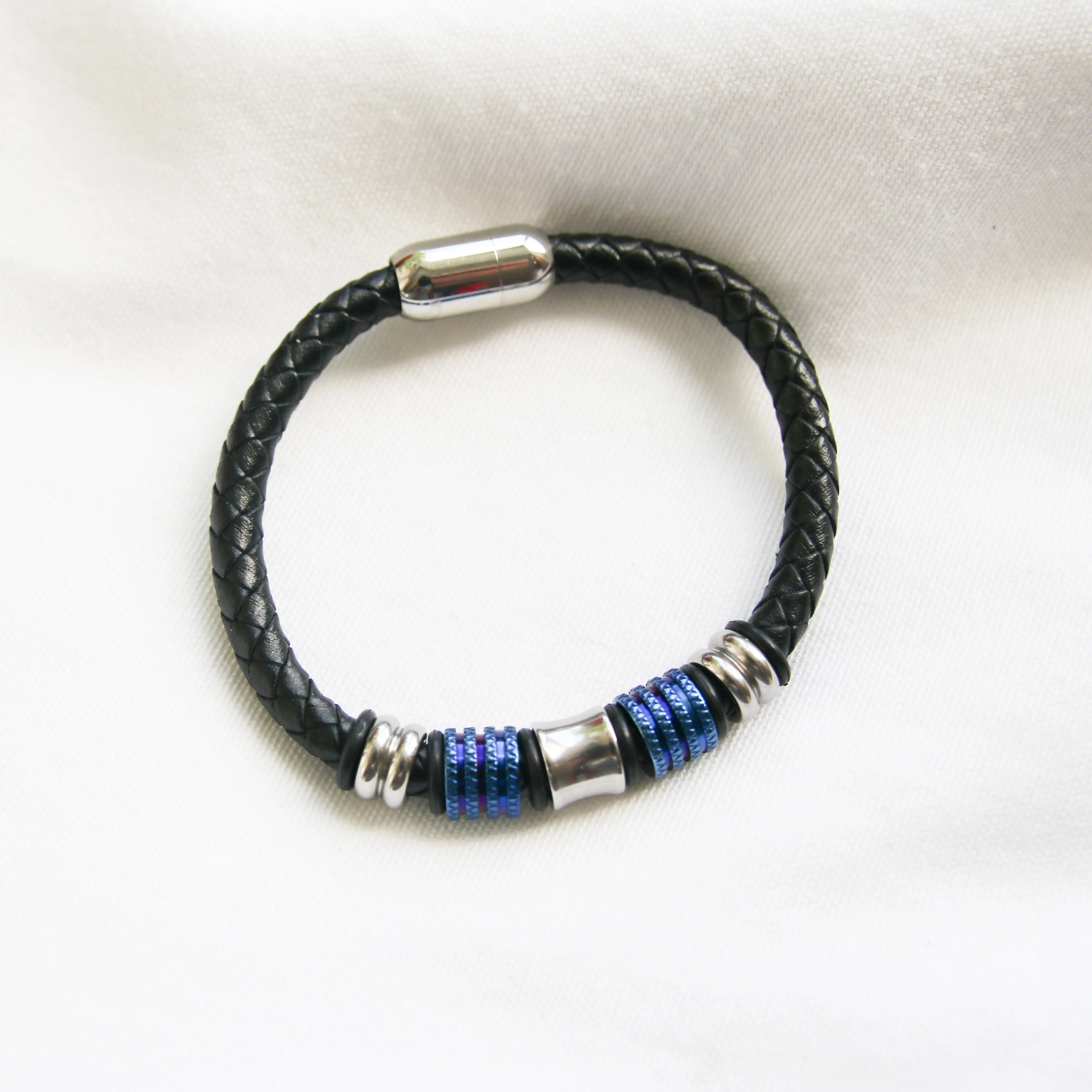 Black Leather and Blue-Accented Stainless steel Clasp Bracelet