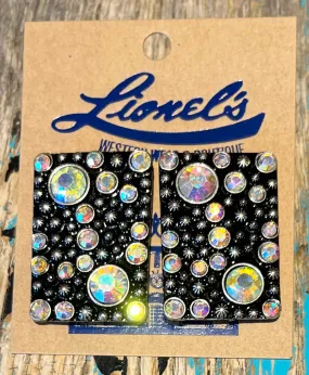 Black Rectangular Post Earrings w/ Iridescent Crystals