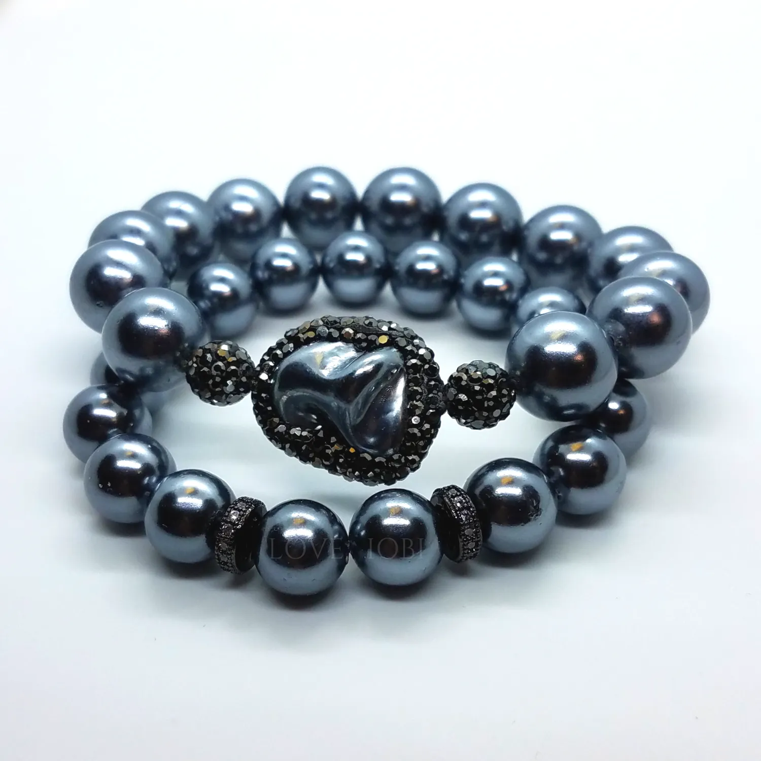 Black Shell Pearl and Hematite Stretch Bracelet Set for Woman