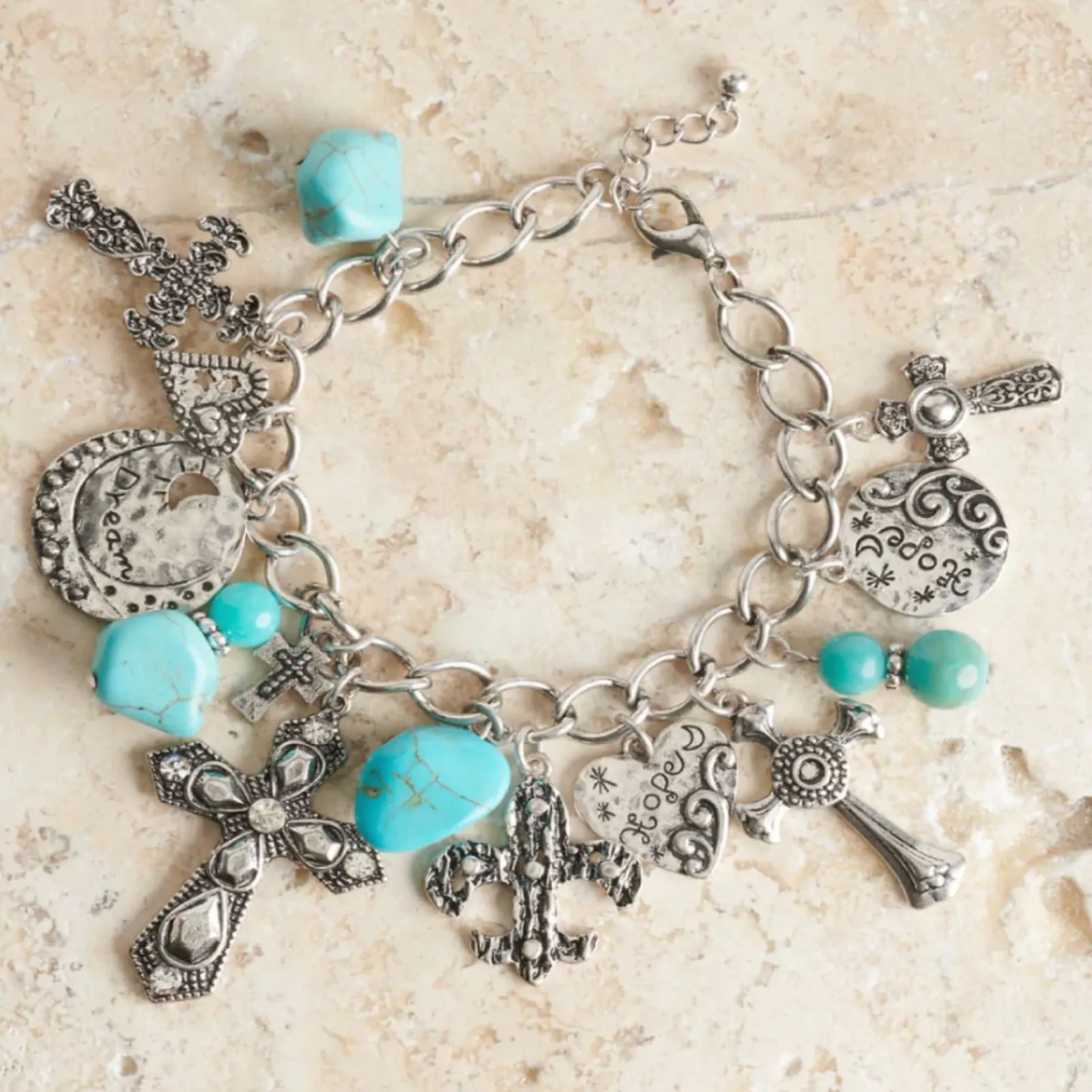 Blazin Roxx® Silver Cross & Turquoise Bead Charm Bracelet 30410